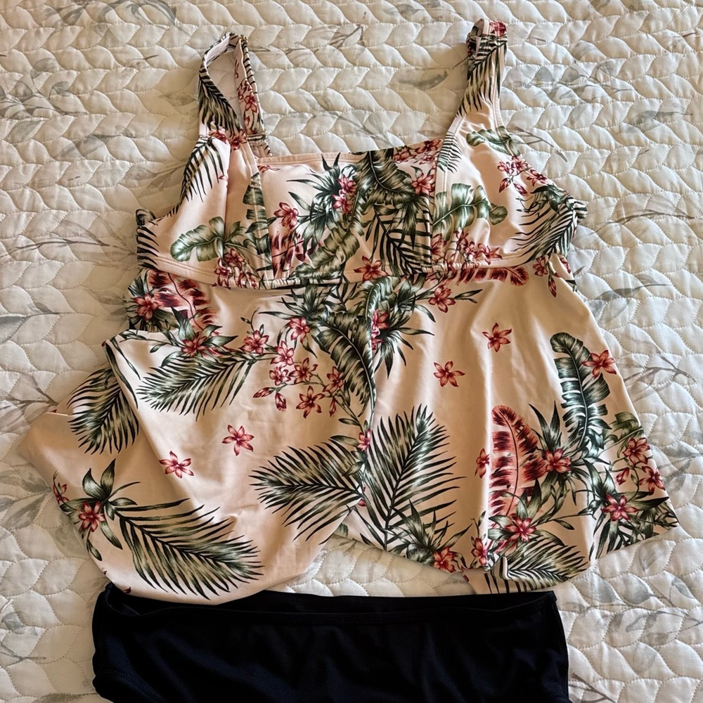 Kona Sol Floral Tankini Top and Black Bottoms